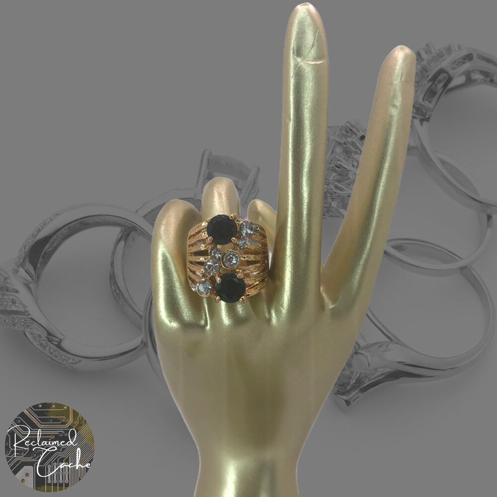 Gold and Black Rhinestone Statement Ring - Size 6.5